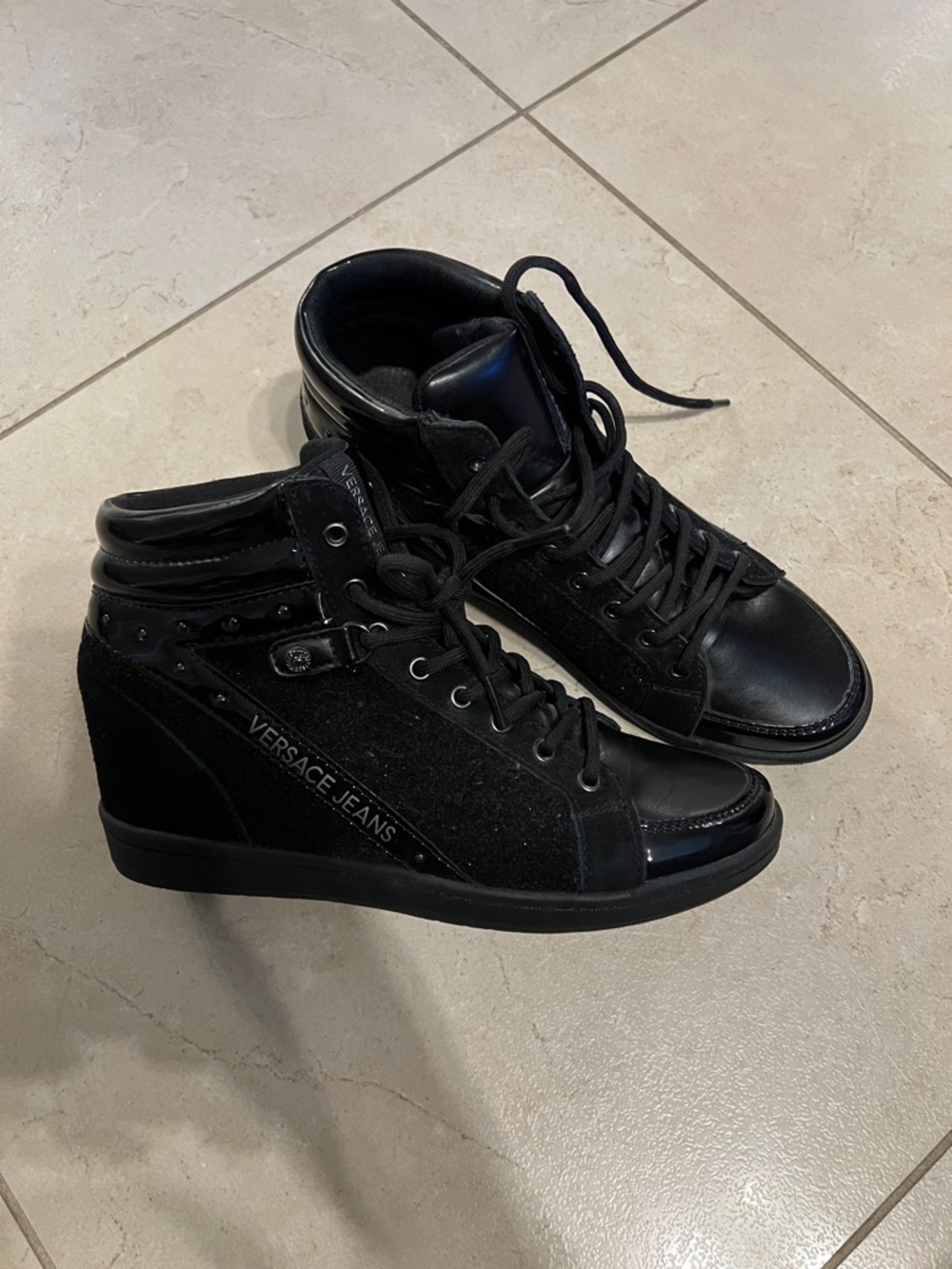 Versace Jeans Collection Black Wedge Lace-Up Sneakers